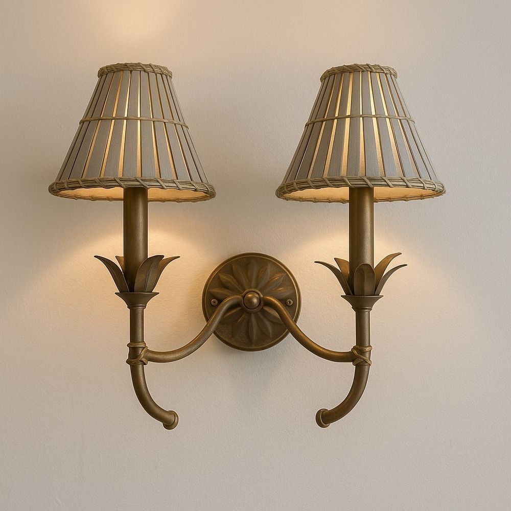 Set Of Wall Sconce Grey Lamp Shades Brass Wall Mount Coastal Shells Palm Tree